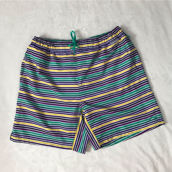 Perry Ellis Striped Men's Medium Swim Trunks Board Shorts Green Blue Yellow - Picture 13 of 13